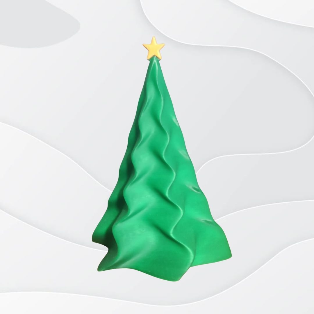 The Sculpted Christmas Tree Décor Set (Set of 2) features modern, wavy-edged green trees with yellow stars, 3D printed for a stylish tabletop ornament—ideal for contemporary holiday decorating.