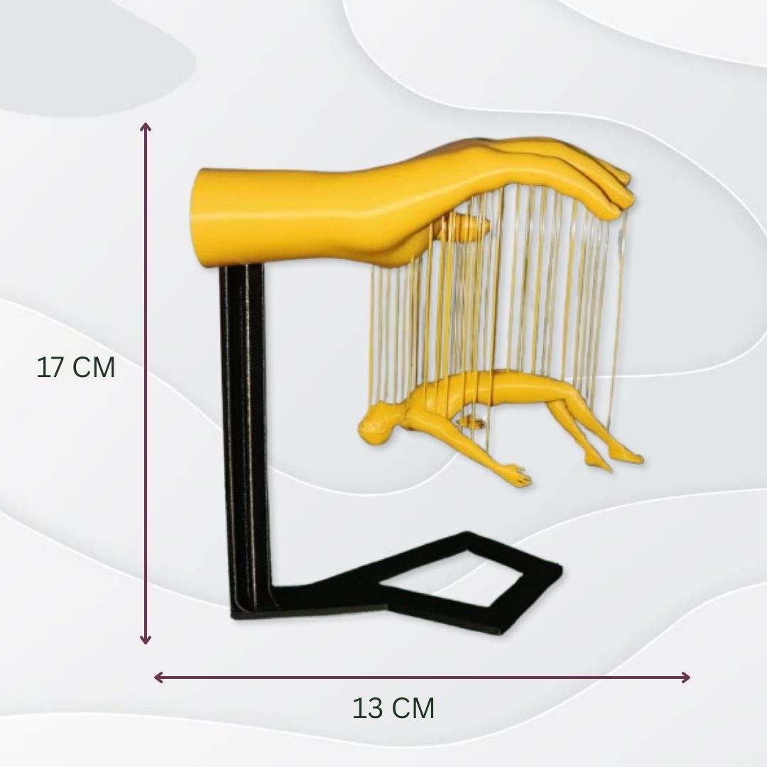 The Floating Marionette Illusion Sculpture is a 3D-printed art piece with a yellow hand controlling a marionette, set on a black base. Perfect as modern desk or home decor, it stands out beautifully against any white abstract background.