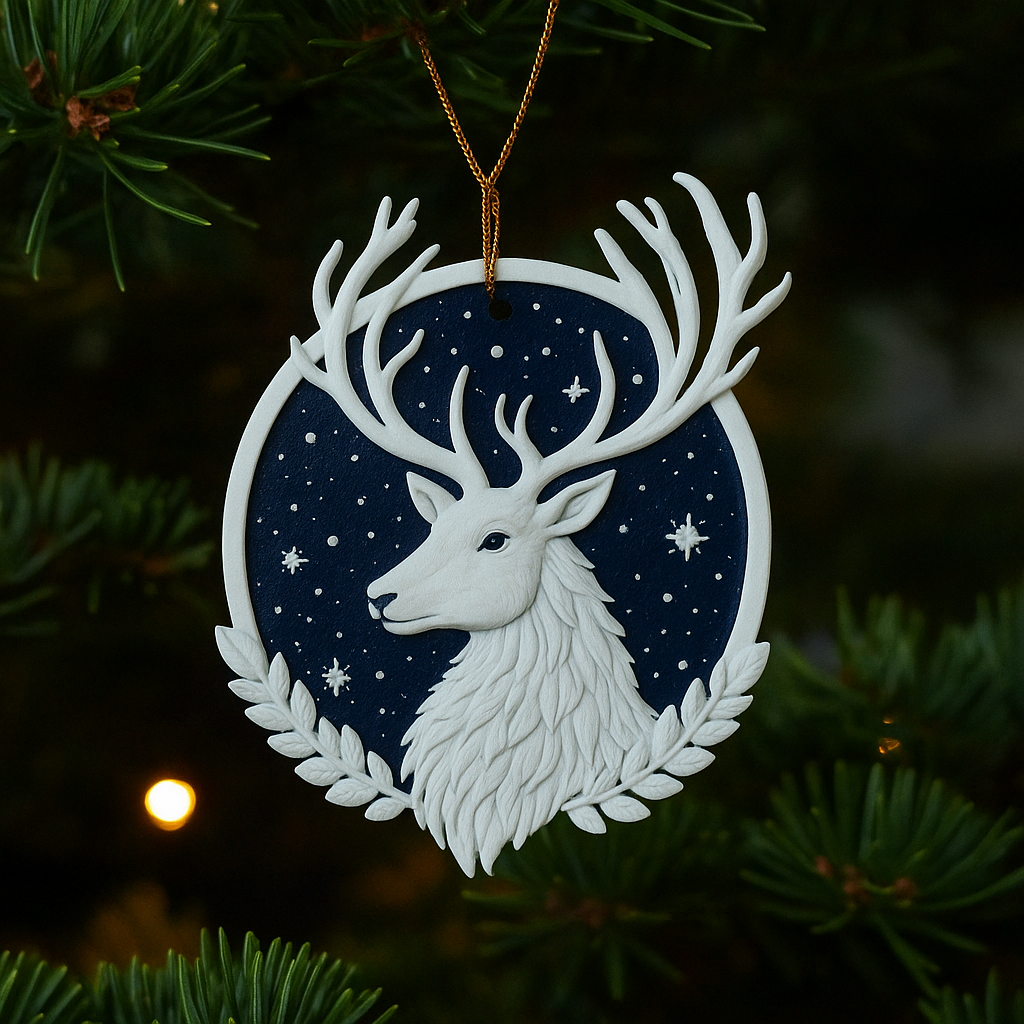 The Majestic Christmas Stag Ornament (Set of 4) features elegant, 3D printed winter décor for your holiday tree. Detailed antlers and fur stand out against a starry dark blue background, framed by evergreen branches for a luxurious look.
