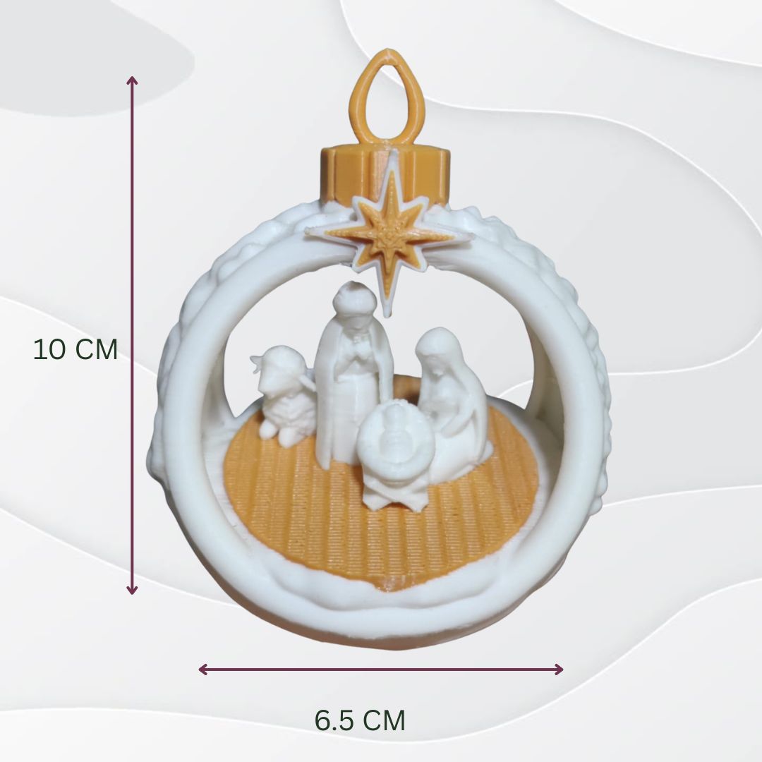 The 3D Printed Nativity Christmas Tree Ornament – Holy Family Hanging Decoration is a handcrafted festive decor gift, featuring Mary, Joseph, and baby Jesus in a circular frame (10cm x 6.5cm)—perfect for your tree.