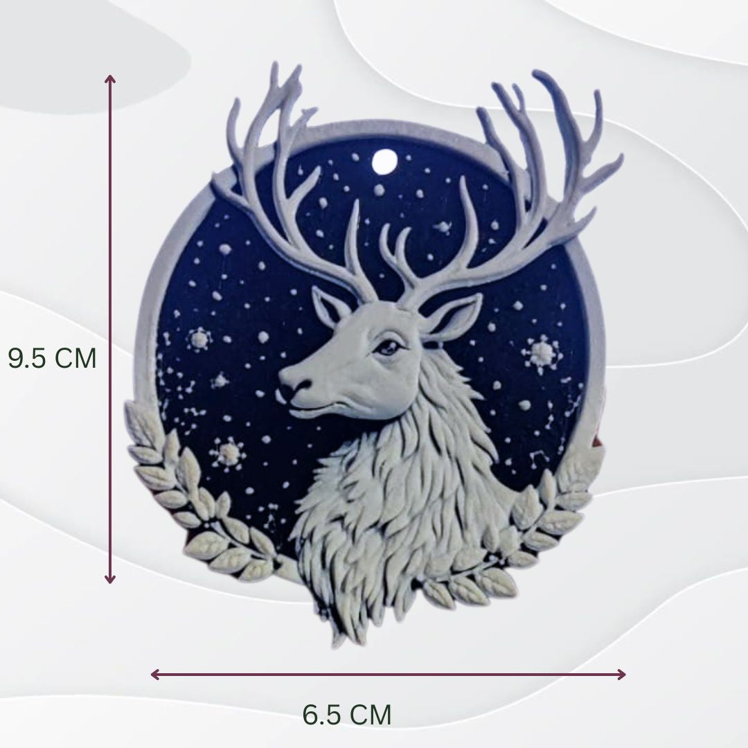 The Majestic Christmas Stag Ornament (Set of 4) is a 3D printed luxury holiday tree hanging featuring a detailed white stag with leafy accents on a starry background. Measures 9.5 cm tall by 6.5 cm wide—perfect winter decor for your Christmas tree.
