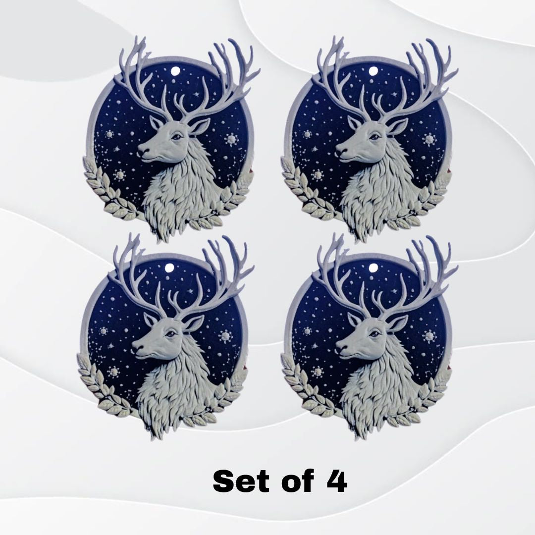 Set of 4 Majestic Christmas Stag Ornaments—3D printed, featuring a white stag with grand antlers on a starry night sky, surrounded by leaves. Elegant luxury decor for your holiday tree or as festive winter decorations.