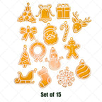 A set of 15 Premium 3D Printed Christmas Ornaments—handcrafted in gold and red—includes festive shapes like holly, bell, reindeer, bow, Santa, and more. Ideal for unique holiday décor or enchanting Christmas tree decorations.