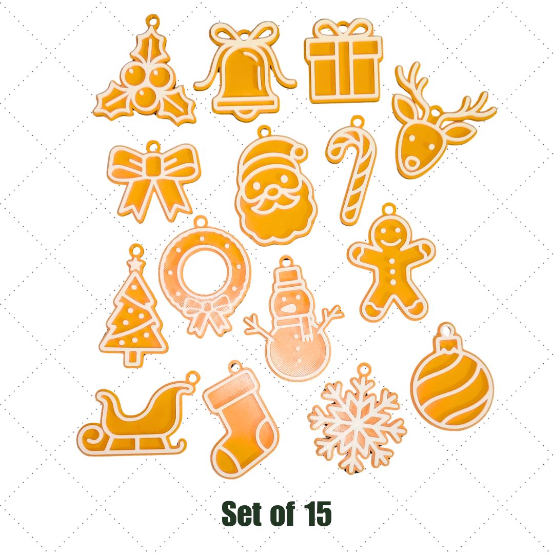 A set of 15 Premium 3D Printed Christmas Ornaments—handcrafted in gold and red—includes festive shapes like holly, bell, reindeer, bow, Santa, and more. Ideal for unique holiday décor or enchanting Christmas tree decorations.