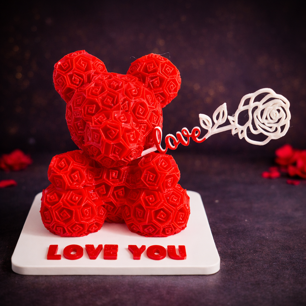 Personalized 3D Printed Rose Teddy Bear with Custom Name Base – Valentine Gift for Him & Her