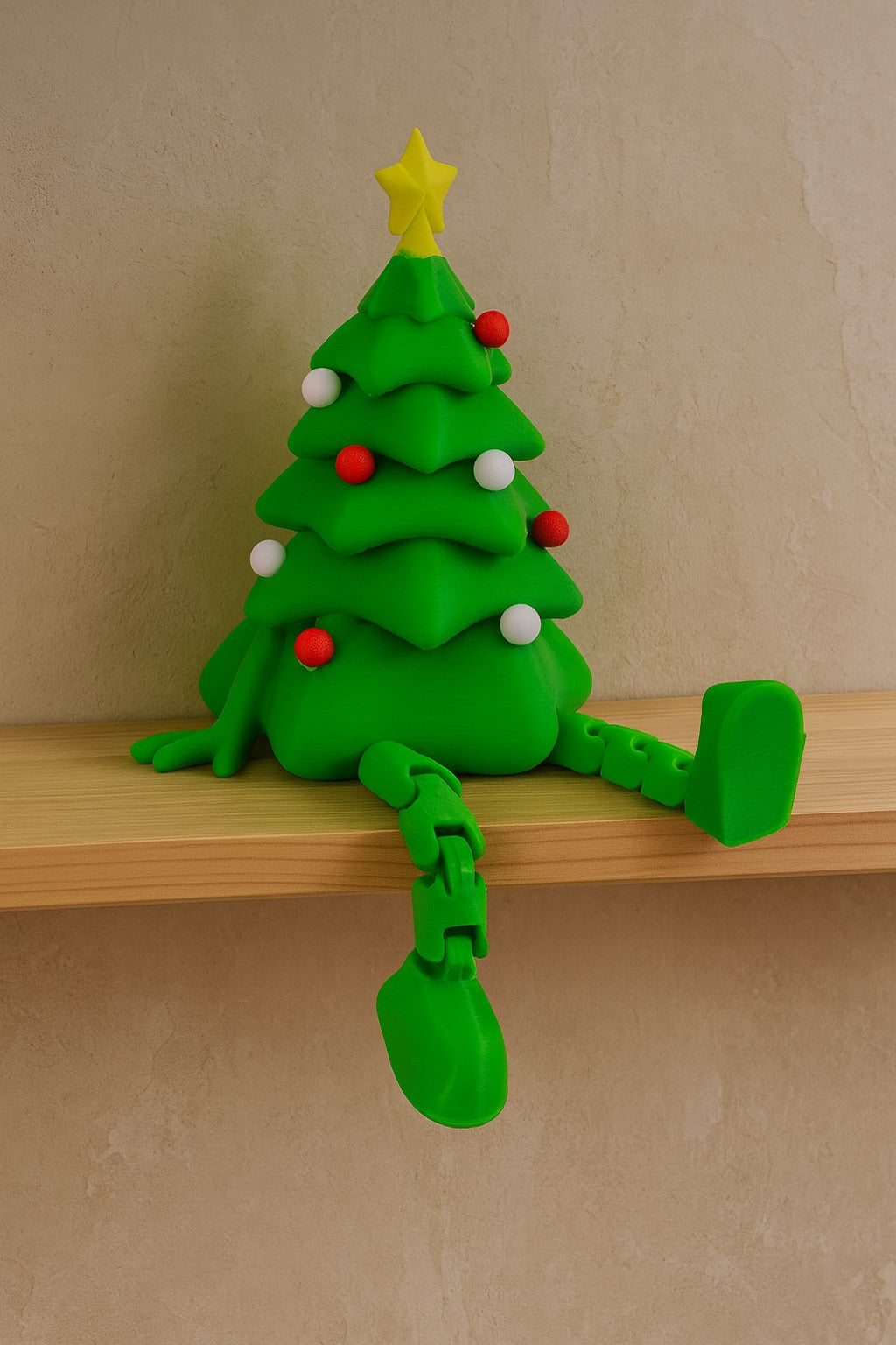 The 3D Printed Christmas Tree with Articulated Legs – Cute Holiday Display Piece features red and white ornaments, a yellow star, and green legs, making it a festive shelf-sitter for your holiday decor.