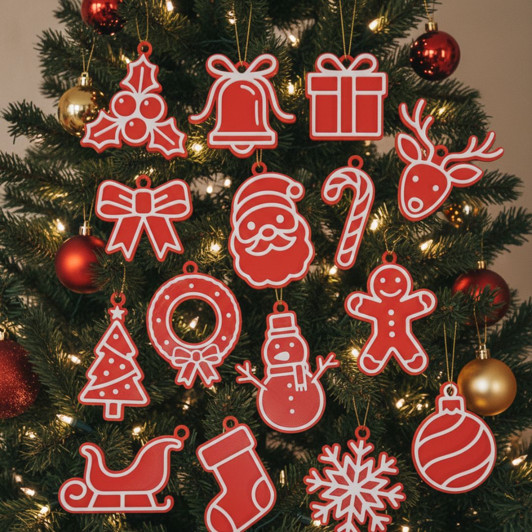 Adorn your tree with Premium 3D Printed Christmas Ornaments—15 handcrafted gold and red decorations featuring festive icons like Santa, snowman, reindeer, wreath, and gift box. Perfect for adding holiday charm to your décor.