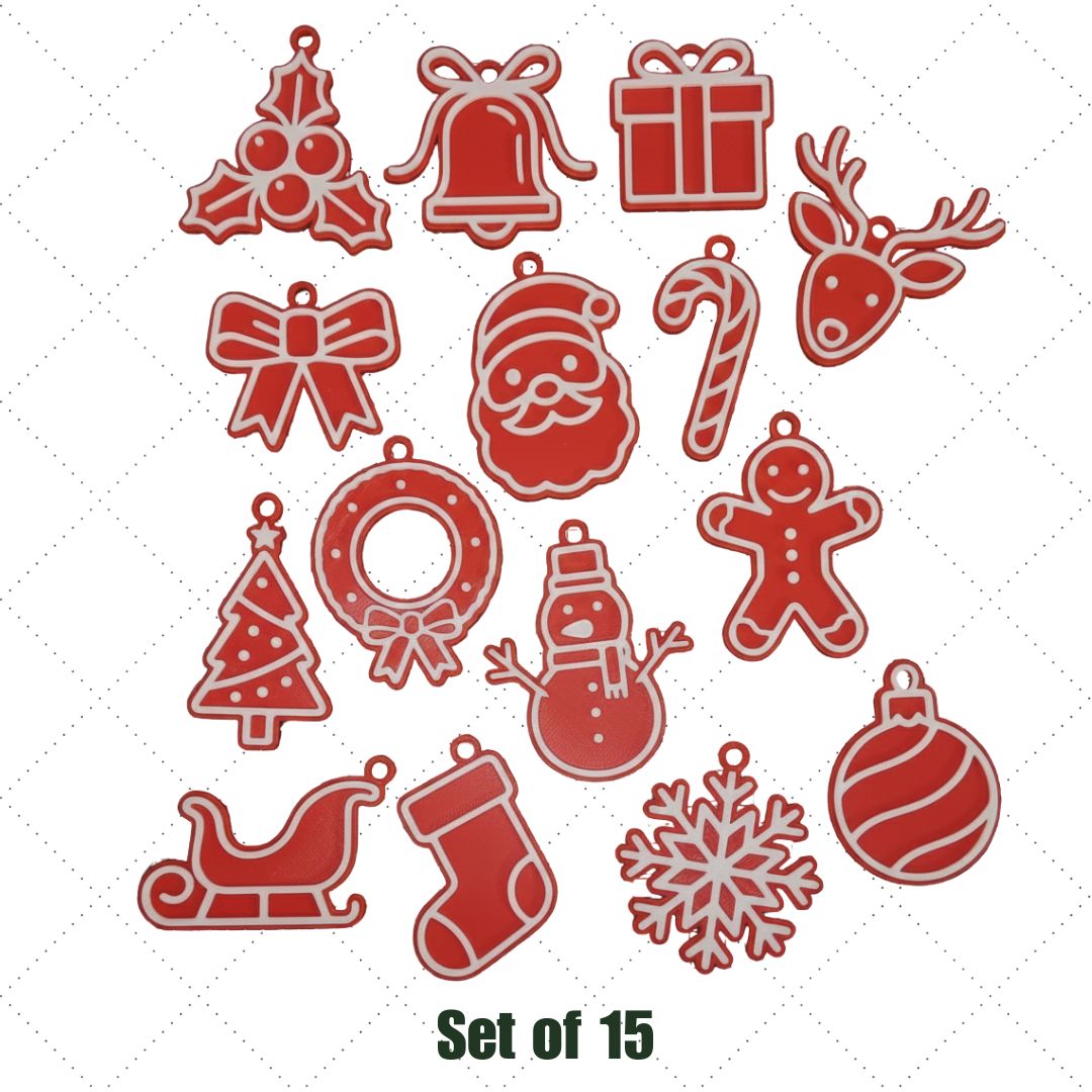 Add festive charm to your décor with Premium 3D Printed Christmas Ornaments—a set of 15 handcrafted gold and red holiday tree decorations featuring various cheerful shapes, perfect for brightening your Christmas tree.