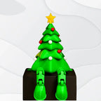 The 3D Printed Christmas Tree with Articulated Legs – a cute holiday display piece featuring a yellow star, red and white ornaments, and green legs—makes a perfect shelf-sitter or unique Christmas decoration.
