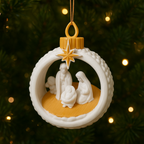 The 3D Printed Nativity Christmas Tree Ornament – Holy Family Hanging Decoration shines in white and gold among twinkling lights, making a timeless festive decor gift and handcrafted Christmas accent for your home.