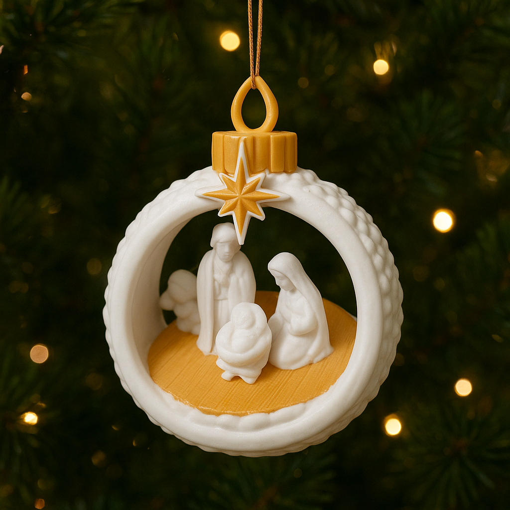 The 3D Printed Nativity Christmas Tree Ornament – Holy Family Hanging Decoration shines in white and gold among twinkling lights, making a timeless festive decor gift and handcrafted Christmas accent for your home.